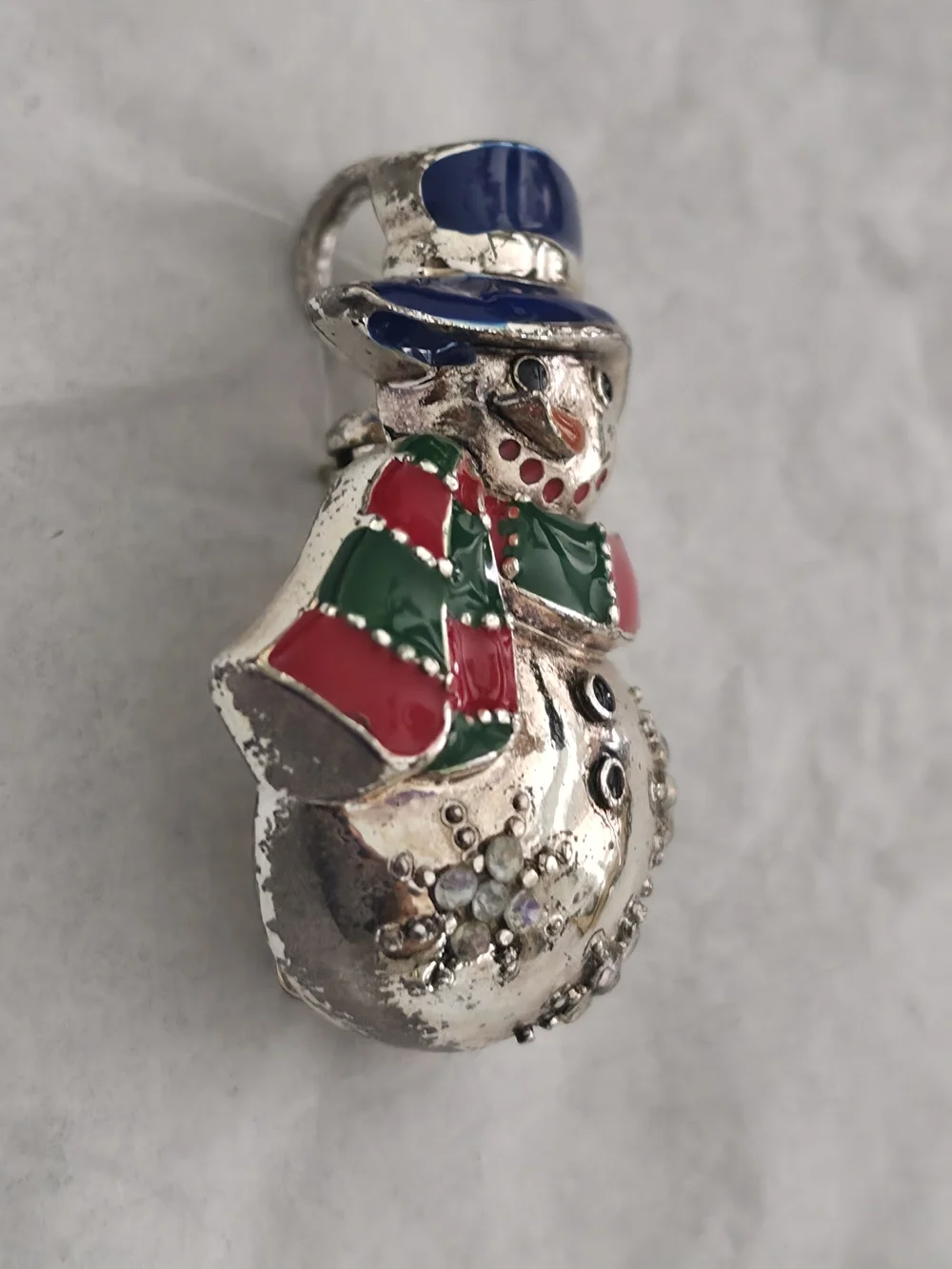 Vintage Festive Snowman Brooch with Blue Hat and Red-Green Scarf